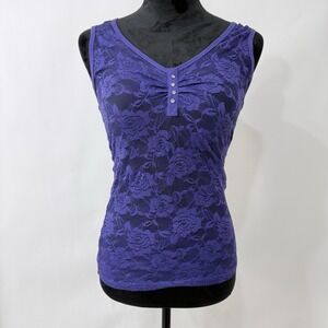 Color Story Floral‎ Sheer Mesh Lace Tank Top Size L Purple Fitted Fairy Coquette